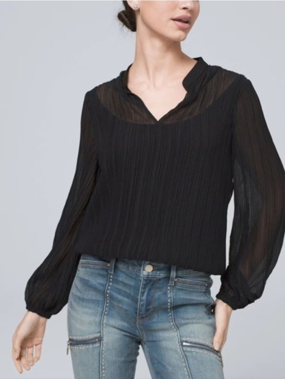 White House Black Market Pleated Keyhole Blouse Long Sleeve Womens Size Small